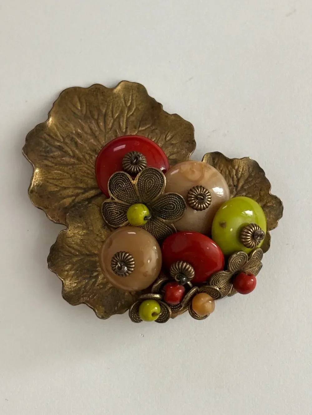 MIRIAM HASKELL by Frank Hess Dress Clip gold tone lily pads earth tone beads
